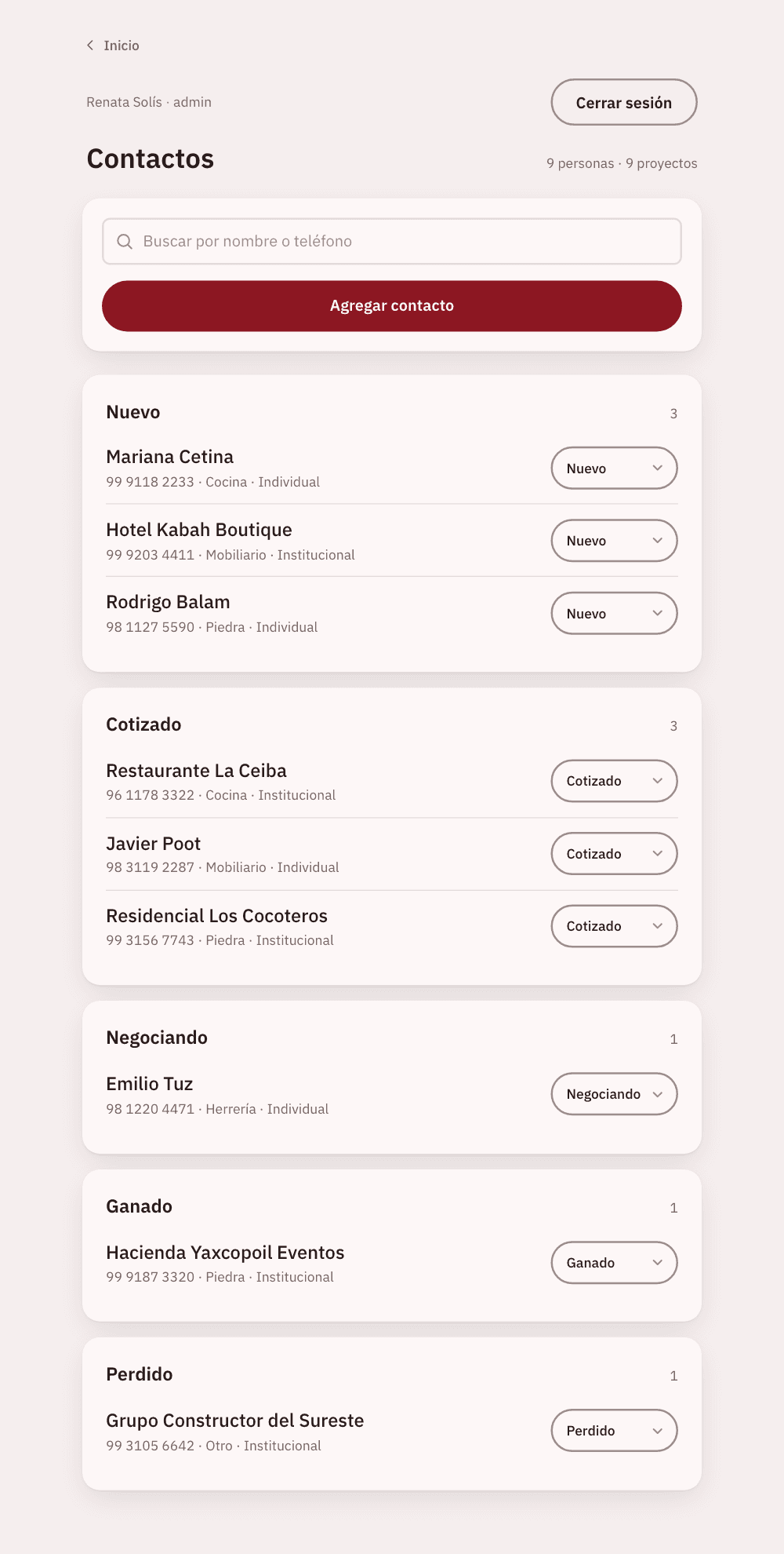 CRM de Marco Mobiliario: contactos por etapa — nuevo, cotizado, negociando, ganado. Datos enmascarados.